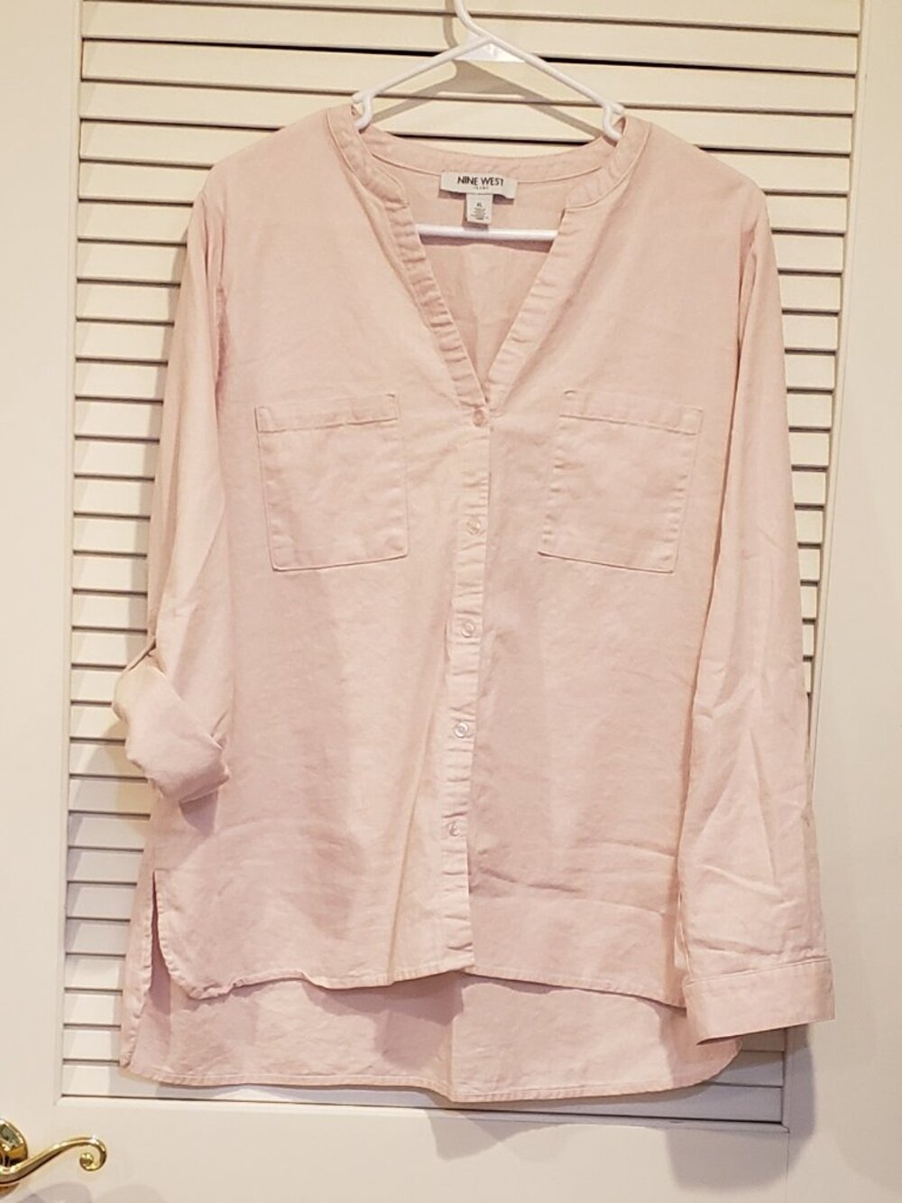 Women's Nine West linen viscose Pink V neck roll-up button tab sleeve sizeXL